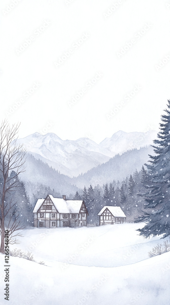 Winter Wonderland Village Scene with Snow-Covered Houses Winter Wonderland Village Scene with Snow-Covered Houses