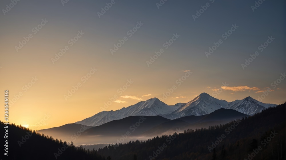 mountains with snow on them and a sun setting in the distance mountains with snow on them and a sun setting in the distance