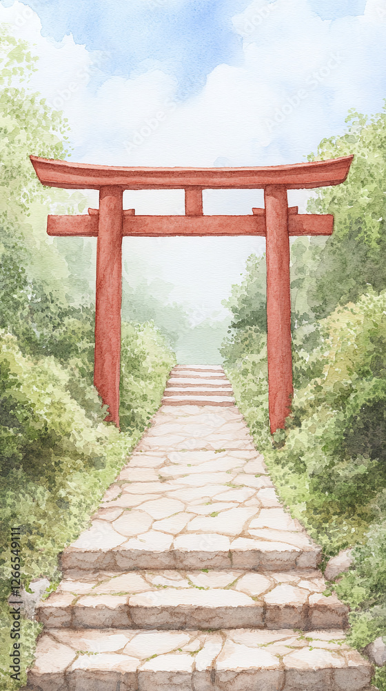 Tranquil Japanese Garden Path with Torii Gate Tranquil Japanese Garden Path with Torii Gate