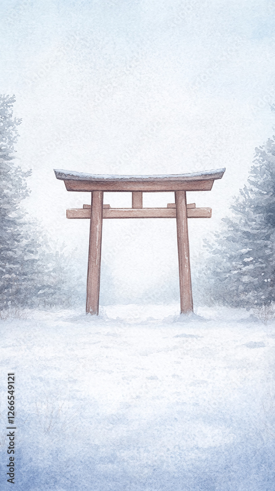 Serene Winter Torii Gate in a Snowy Landscape Serene Winter Torii Gate in a Snowy Landscape