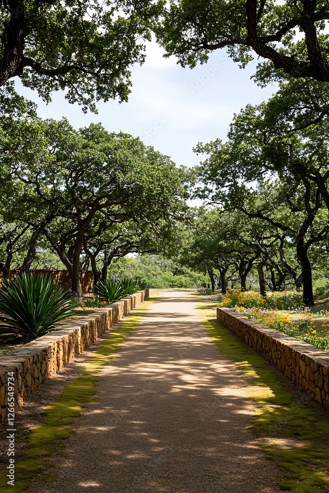Sunny path lined with trees and stone walls in a landscaped garden Sunny path lined with trees and stone walls in a landscaped garden