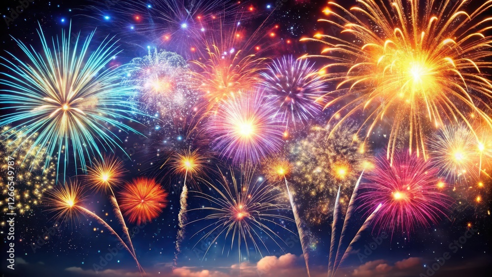 Naklejka premium Glittering Firework Explosion over Dark Sky, dark sky, vibrant, dark sky, vibrant, festive, night, fireworks show