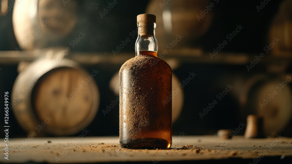 Aged whiskey bottle covered in dust, resting on wooden table Aged whiskey bottle covered in dust, resting on wooden table