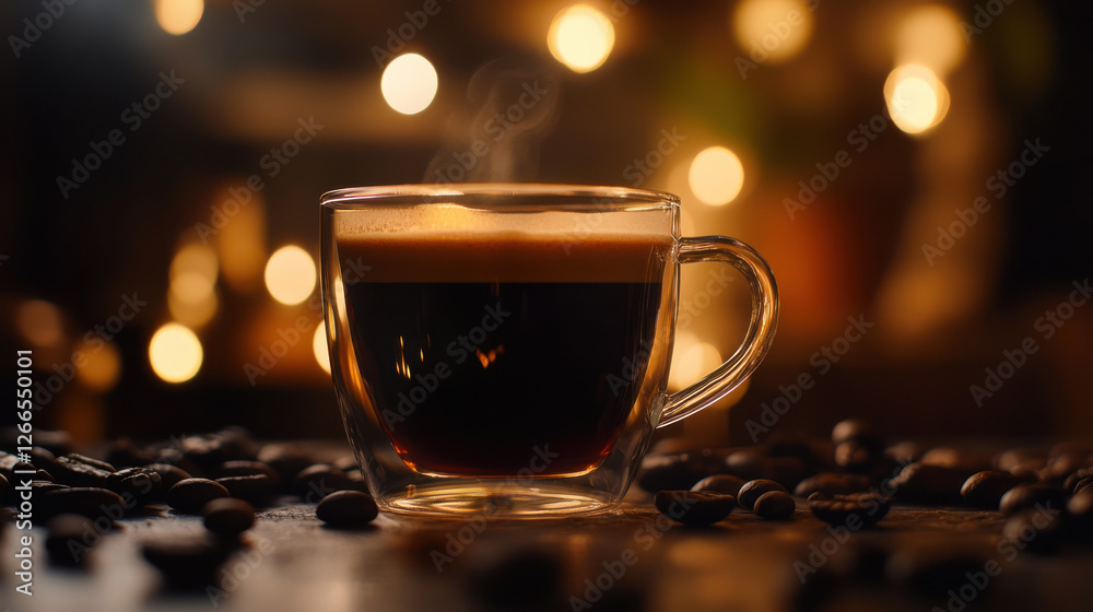 Obraz premium Aromatic Americano coffee in glass cup with rich crema