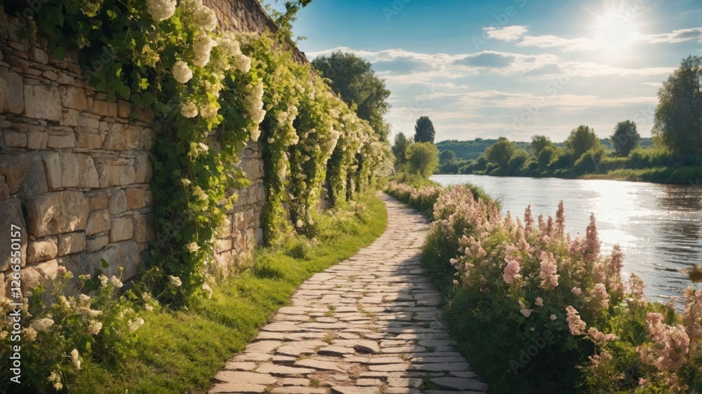 A serene riverside path lined with flowers and greenery under a sunny sky. A serene riverside path lined with flowers and greenery under a sunny sky.
