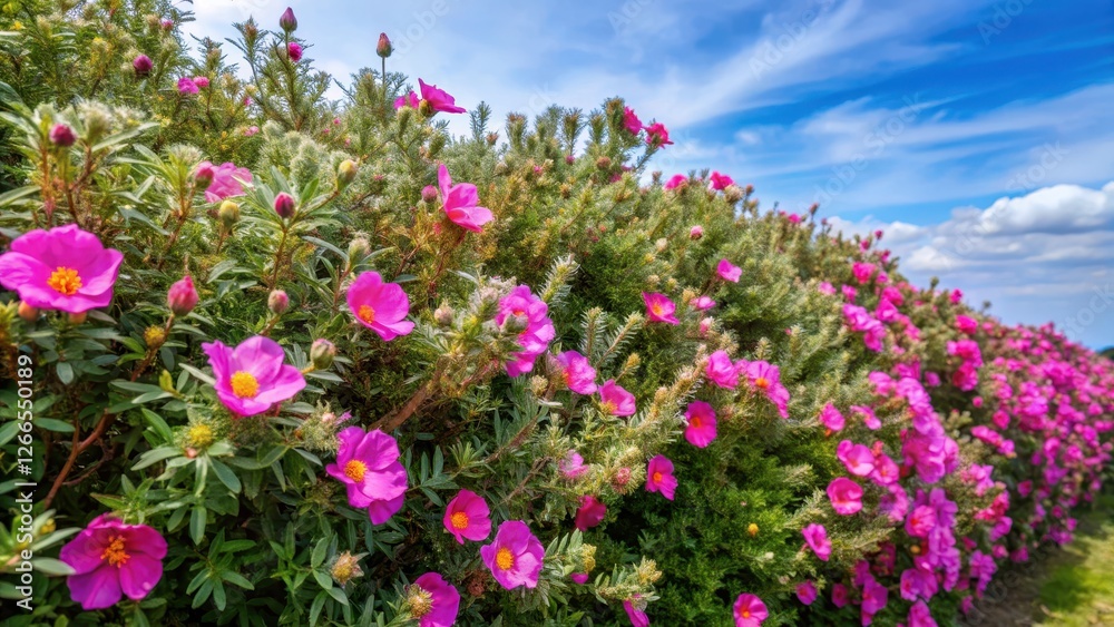 Dense grey-leaved cistus hedge with vibrant pink flowers and soft, fuzzy foliage stretching towards the sky , Mediterranean Plant, Garden Hedge Dense grey-leaved cistus hedge with vibrant pink flowers and soft, fuzzy foliage stretching towards the sky , Mediterranean Plant, Garden Hedge
