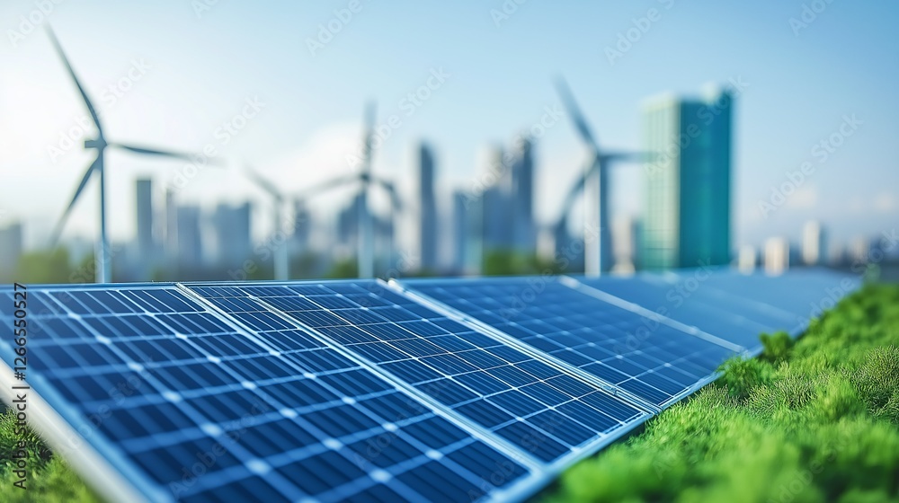 Fototapeta premium Urban Renewable Energy with Solar Panels and Wind Turbines in a Green Cityscape