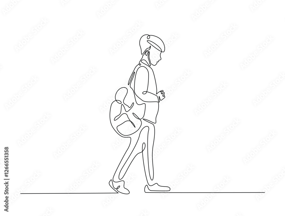 Fototapeta premium Continuous line art drawing of student wearing backpack. Kid with schoolbag line art drawing vector illustration. Editable stroke.