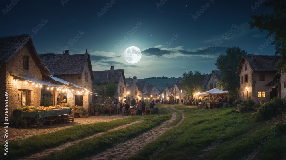 A serene village scene illuminated by a full moon, featuring cozy houses and lively gatherings. A serene village scene illuminated by a full moon, featuring cozy houses and lively gatherings.