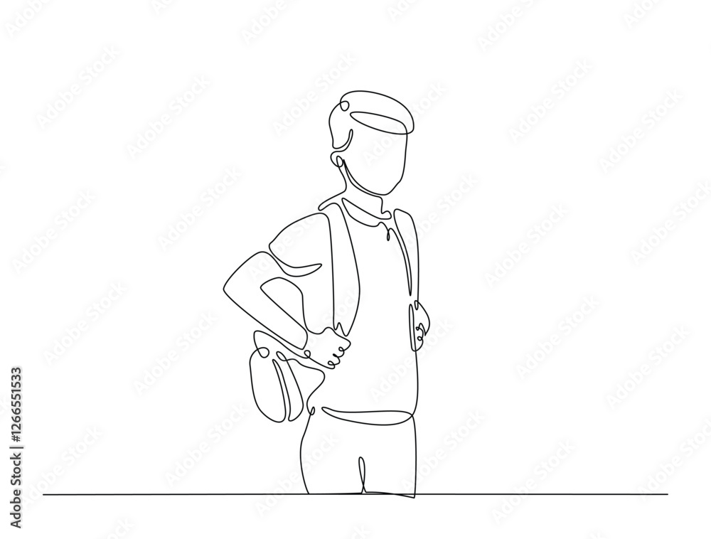 Continuous line art drawing of student wearing backpack. Kid with schoolbag line art drawing vector illustration. Editable stroke. Continuous line art drawing of student wearing backpack. Kid with schoolbag line art drawing vector illustration. Editable stroke.