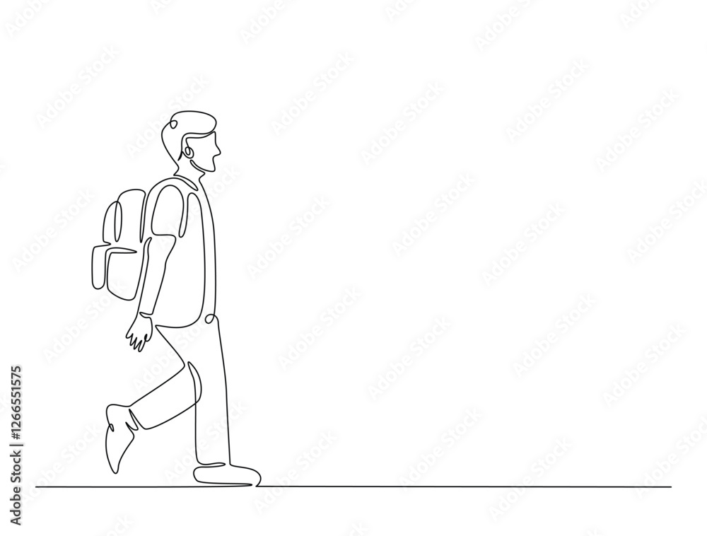 Continuous line art drawing of student wearing backpack. Kid with schoolbag line art drawing vector illustration. Editable stroke. Continuous line art drawing of student wearing backpack. Kid with schoolbag line art drawing vector illustration. Editable stroke.