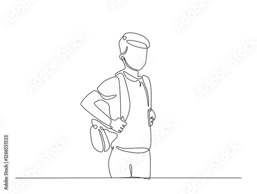 Continuous line art drawing of student wearing backpack. Kid with schoolbag line art drawing vector illustration. Editable stroke.