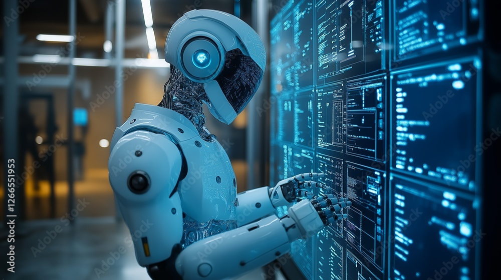 Fototapeta premium Advanced AI robot analyzing data on futuristic touchscreen interface
