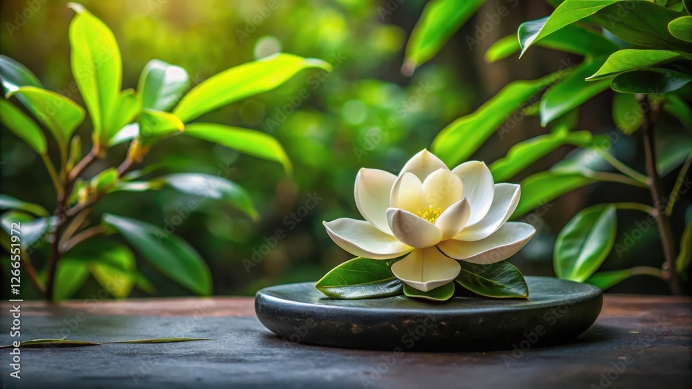 A delicate magnolia flower with subtle yellow center rests on a serene black stone pedestal amidst lush green foliage, serenity, garden scene A delicate magnolia flower with subtle yellow center rests on a serene black stone pedestal amidst lush green foliage, serenity, garden scene