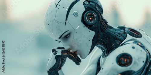 Futuristic humanoid robot in deep thought with AI intelligence and cybernetic design photo