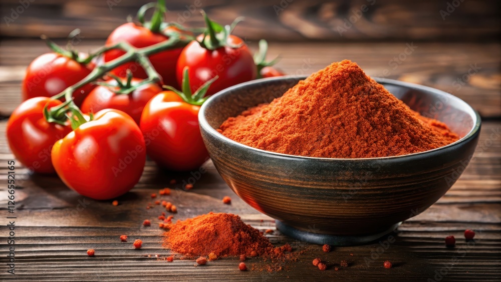 Tomato powder in a bowl with fresh tomatoes, table setting, flavor enhancer, table setting Tomato powder in a bowl with fresh tomatoes, table setting, flavor enhancer, table setting