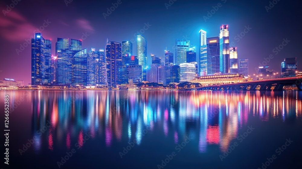 Fototapeta premium A city skyline with a reflection of the buildings in the water