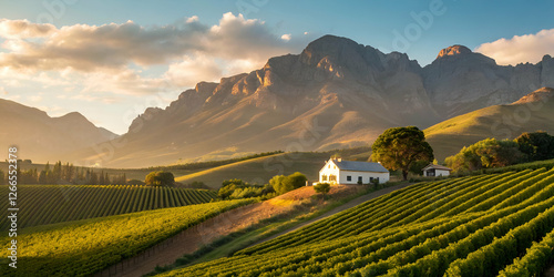 Scenic Vineyard Landscape With Mountain View And Farmhouse In Rural Area