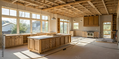 Wallpaper Mural Unfinished Interior Home with Natural Wood Kitchen Island and Large Windows in Torontodigital.ca