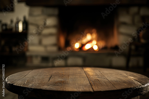 Rustic wooden table in front of a warm fireplace