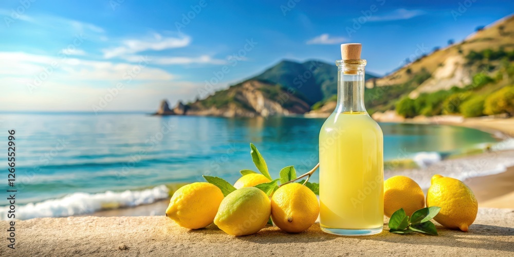Limoncello liqueur in a glass bottle with ripe yellow lemons on a scenic sea coast background, beach, drink, beach, drink Limoncello liqueur in a glass bottle with ripe yellow lemons on a scenic sea coast background, beach, drink, beach, drink