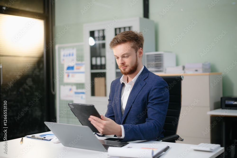 confident businessman works on analytics, financial reports, and strategy. Success, accounting, and teamwork confident businessman works on analytics, financial reports, and strategy. Success, accounting, and teamwork