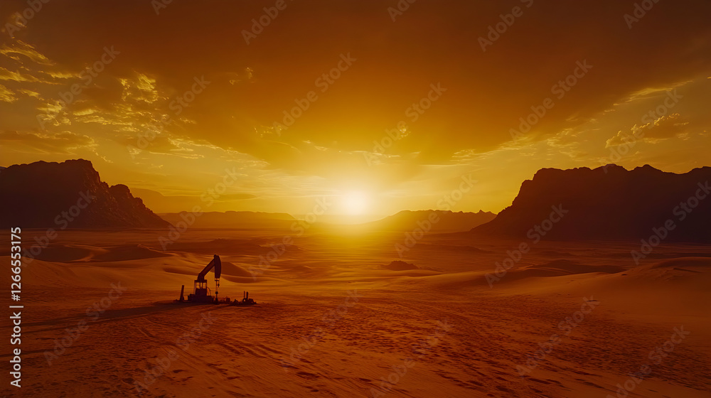 Fototapeta premium Desert sunset landscape with oil rig