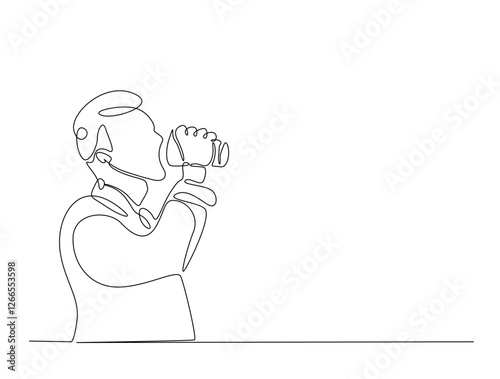 Continuous line art drawing of man drinking coffee. Young man enjoy the drink line art drawing vector illustration. Editable stroke.