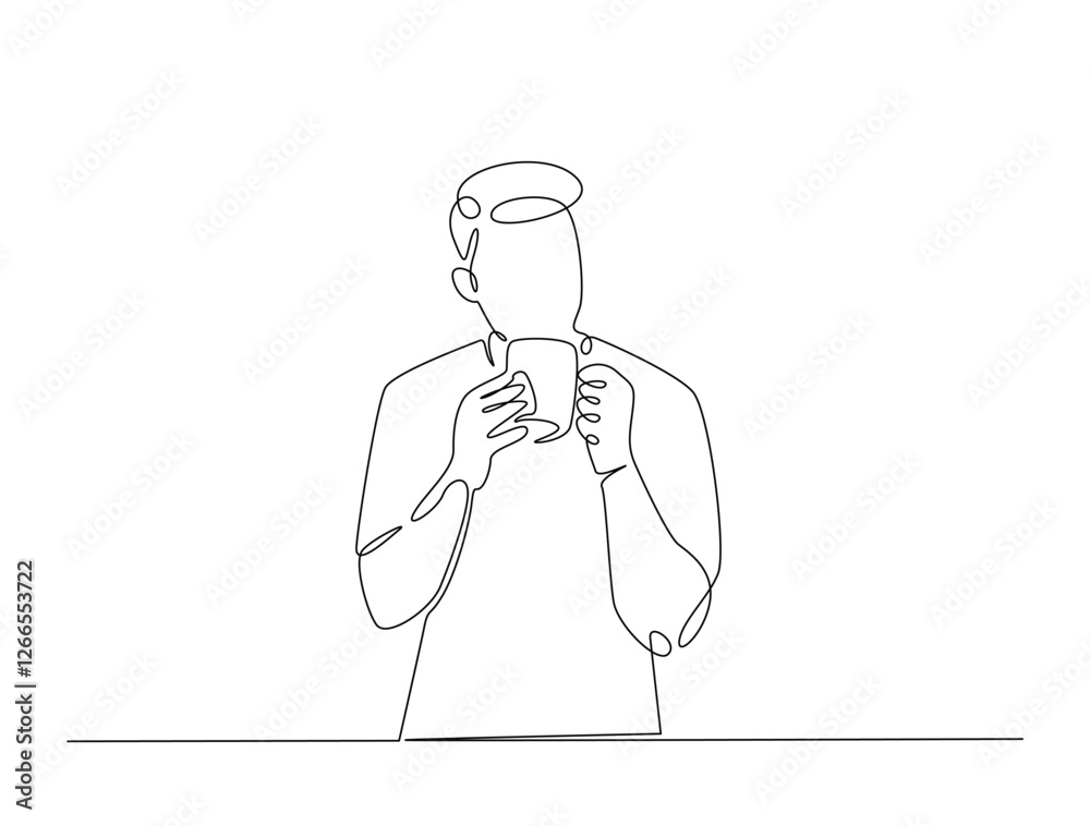Continuous line art drawing of man drinking coffee. Young man enjoy the drink line art drawing vector illustration. Editable stroke. Continuous line art drawing of man drinking coffee. Young man enjoy the drink line art drawing vector illustration. Editable stroke.