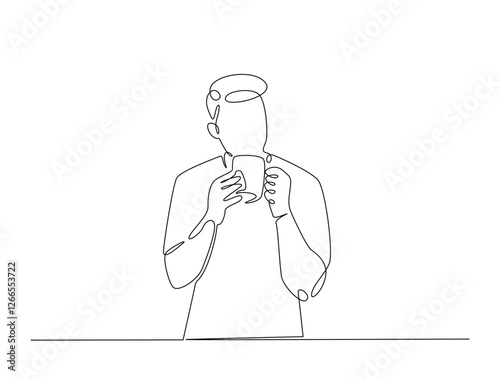 Continuous line art drawing of man drinking coffee. Young man enjoy the drink line art drawing vector illustration. Editable stroke.