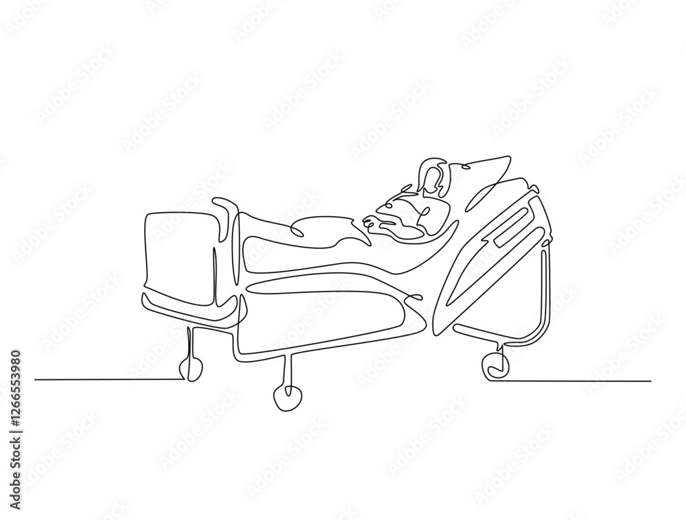 Continuous line art drawing of hospital patient in ward. Person lying in hospital bed line art drawing vector illustration. Editable stroke. Continuous line art drawing of hospital patient in ward. Person lying in hospital bed line art drawing vector illustration. Editable stroke.