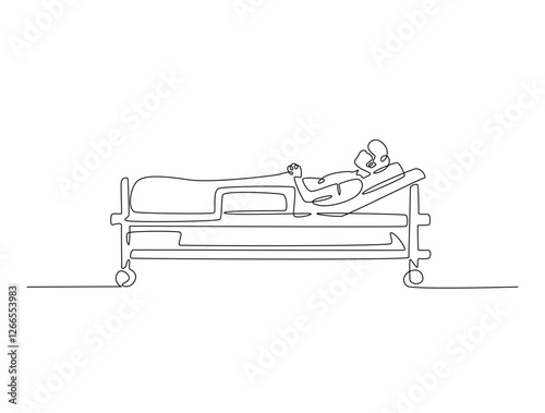 Continuous line art drawing of hospital patient in ward. Person lying in hospital bed line art drawing vector illustration. Editable stroke.