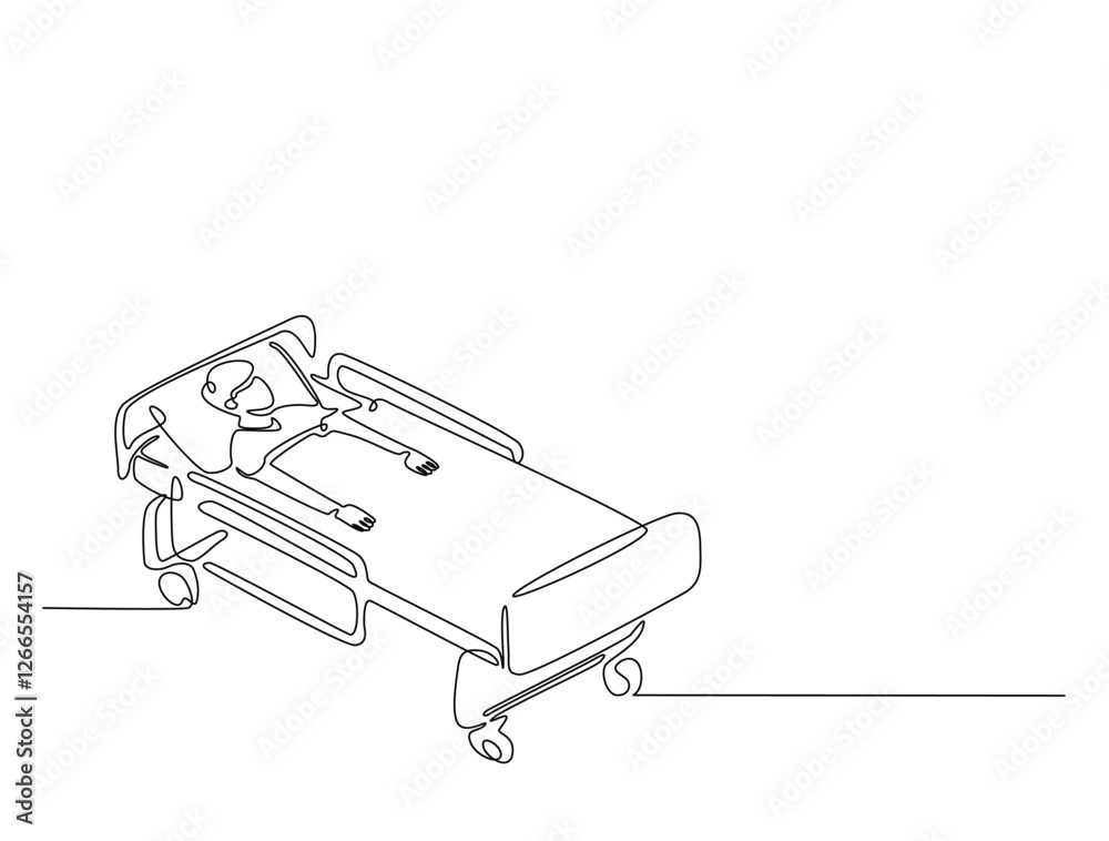 Continuous line art drawing of hospital patient in ward. Person lying in hospital bed line art drawing vector illustration. Editable stroke. Continuous line art drawing of hospital patient in ward. Person lying in hospital bed line art drawing vector illustration. Editable stroke.