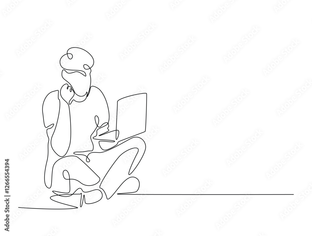Continuous line art drawing of a man sitting on the floor and working on a laptop. Person working on a laptop, freelance,remote work,study in line art drawing vector illustration. Editable stroke. Continuous line art drawing of a man sitting on the floor and working on a laptop. Person working on a laptop, freelance,remote work,study in line art drawing vector illustration. Editable stroke.
