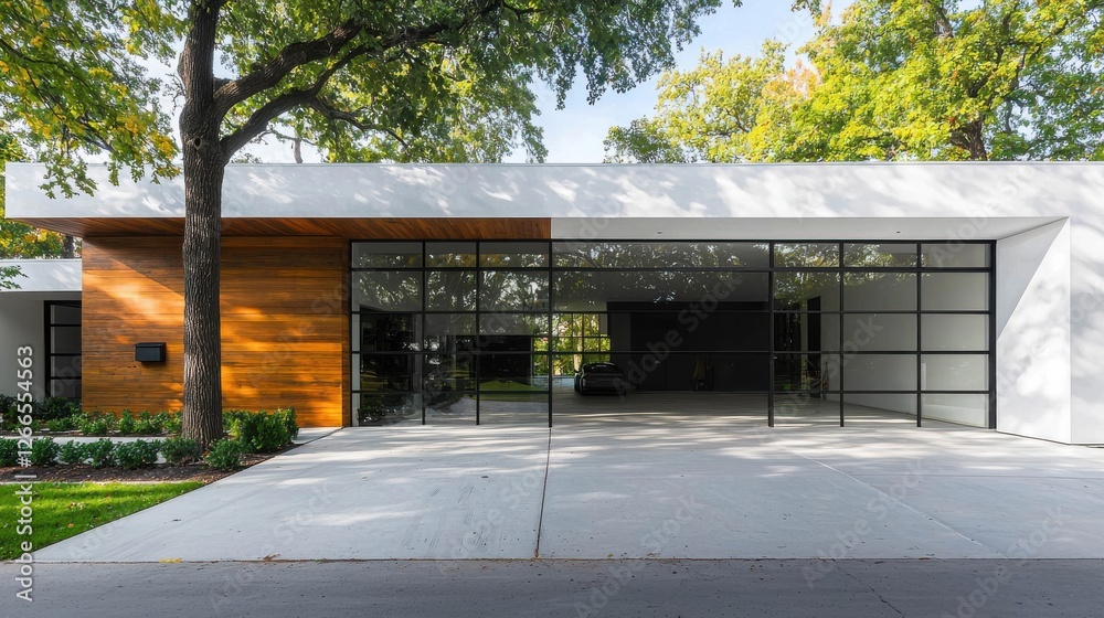 Fototapeta premium Modern Architectural Home Surrounded by Lush Greenery