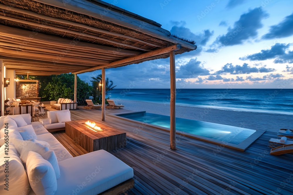 Fototapeta premium ビーチフロントのラグジュアリーラウンジとサンセット | Luxury Beachfront Lounge with Sunset View