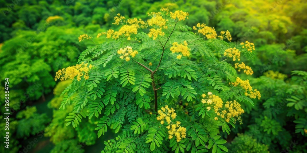Naklejka premium Aerial view of moringa tree in full bloom with bright green leaves and small yellow flowers amidst a lush green background, foliage, leafy greens