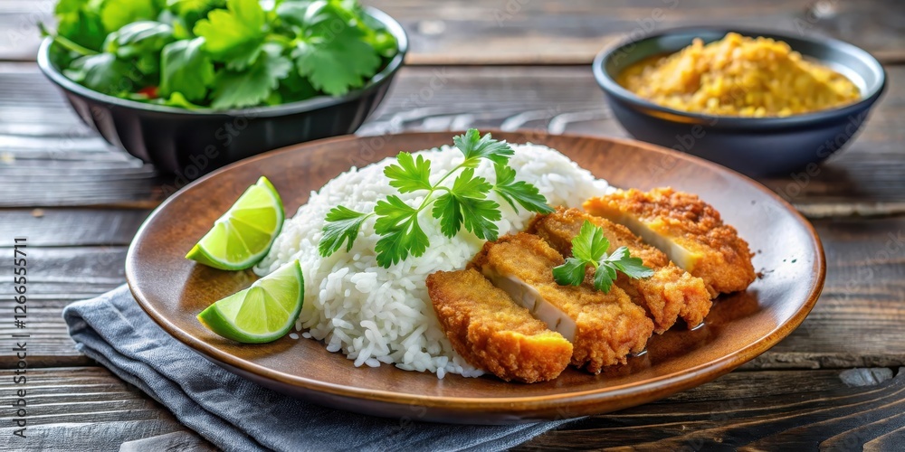 Crispy fried pork cutlet placed on a plate with steaming hot curry and fluffy white rice, garnished with fresh cilantro leaves and sliced lime wedges , comfort, Japanese Crispy fried pork cutlet placed on a plate with steaming hot curry and fluffy white rice, garnished with fresh cilantro leaves and sliced lime wedges , comfort, Japanese