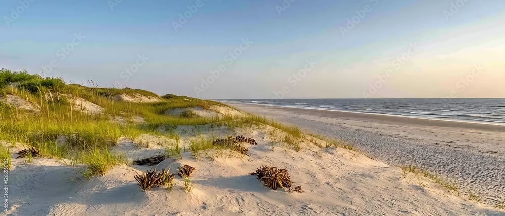 Waves meeting the sand on a beach. Dunes covered in grass in the background. Can illustrate vacation Waves meeting the sand on a beach. Dunes covered in grass in the background. Can illustrate vacation