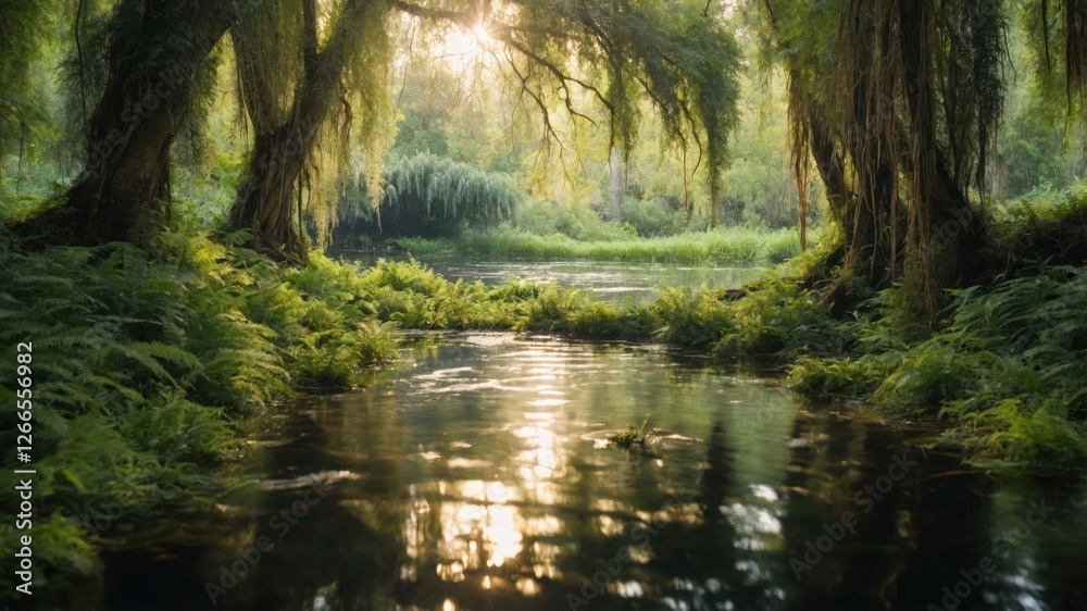 A serene forest scene with a tranquil stream and lush greenery illuminated by sunlight. A serene forest scene with a tranquil stream and lush greenery illuminated by sunlight.