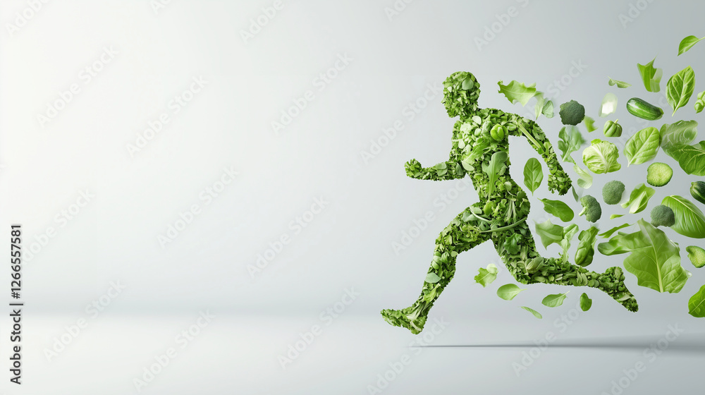 Fototapeta premium A powerful athlete composed of green leaves, organic vegetables, and fresh fruits, sprinting forward with motion blur. A dynamic symbol of health, energy, and vitality.