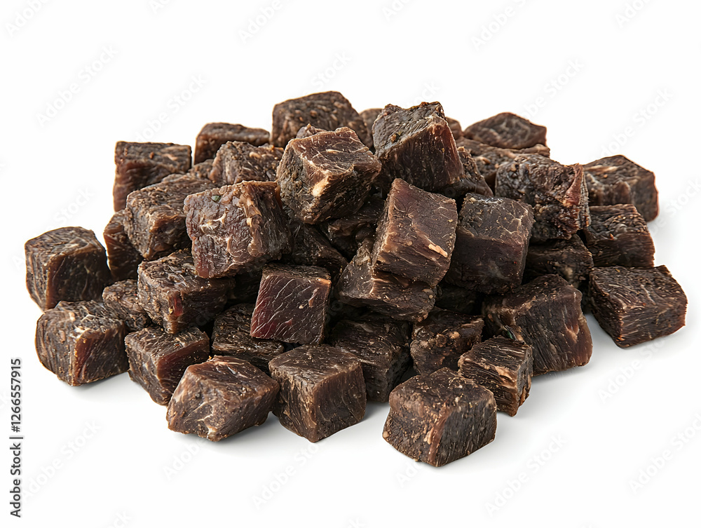 Dried beef cubes, close-up shot on white background. Possible use for food packaging