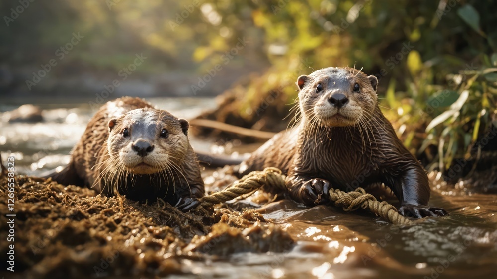 Two otters lounging by a riverbank, enjoying a sunny day in their natural habitat. Two otters lounging by a riverbank, enjoying a sunny day in their natural habitat.