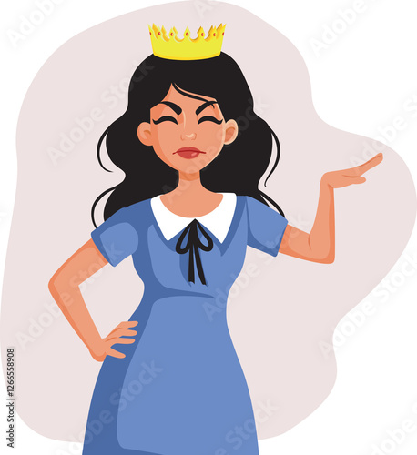Smug Arrogant Privileged Lady Wearing Crown Vector Illustration. Self important narcissistic woman feeling like royalty 

