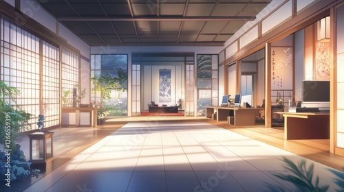 A serene office space with traditional design and natural light.