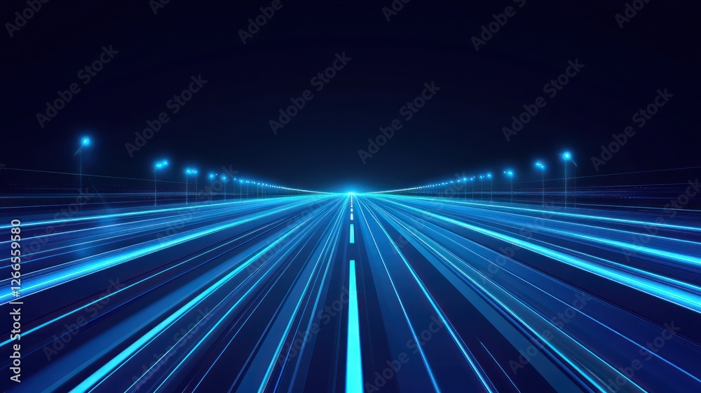 Obraz premium A futuristic highway illuminated by blue lights, showcasing a sense of speed and motion against a dark night sky