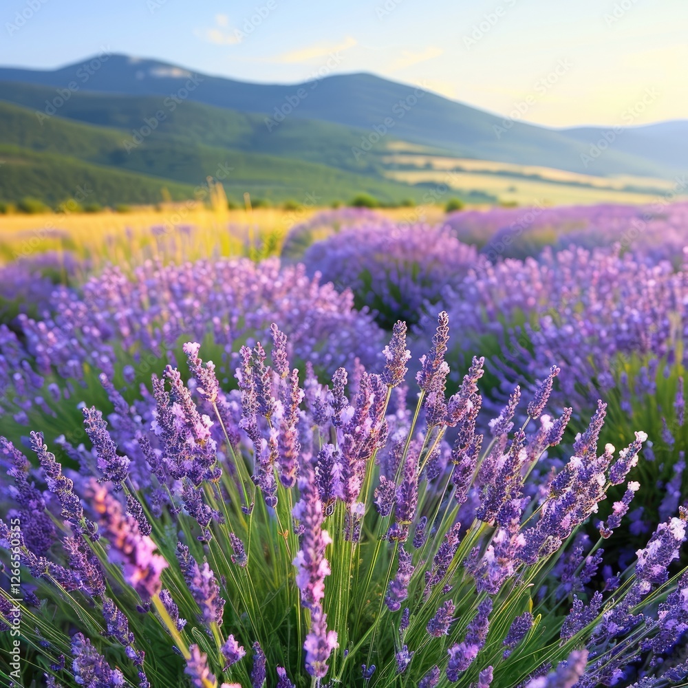 Obraz premium A vibrant field of lavender blooms under a clear sky, with rolling hills in the background, exuding tranquility and natural beauty.