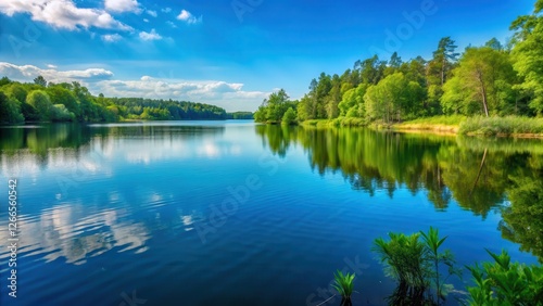 Serene lake on a calm day with blue water and a smooth surface