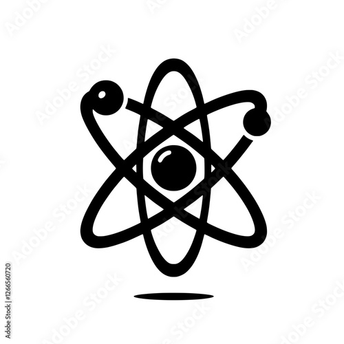 Atomic Symbol: A minimalist black and white vector illustration of an atom, the fundamental unit of matter, with a nucleus and orbiting electrons. Perfect for science education, technology.