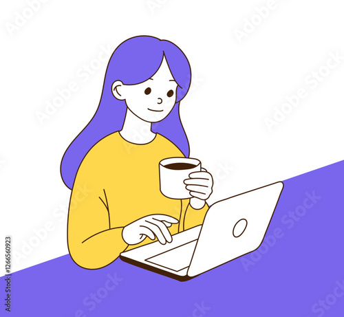 The woman holding the coffee and using the laptop.